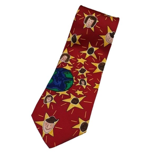 2/$15 Save the Children Mens Necktie Star Silk Red 56.25" Father's Day Holiday - Picture 1 of 6